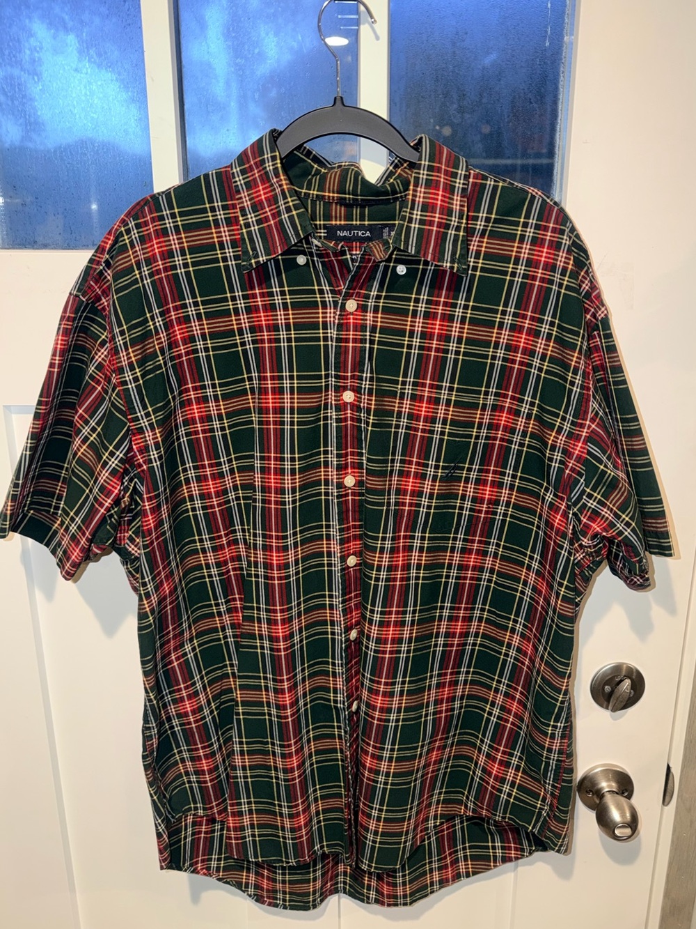 Nautica Red and Green Plaid Short-Sleeve Button-Up Shirt